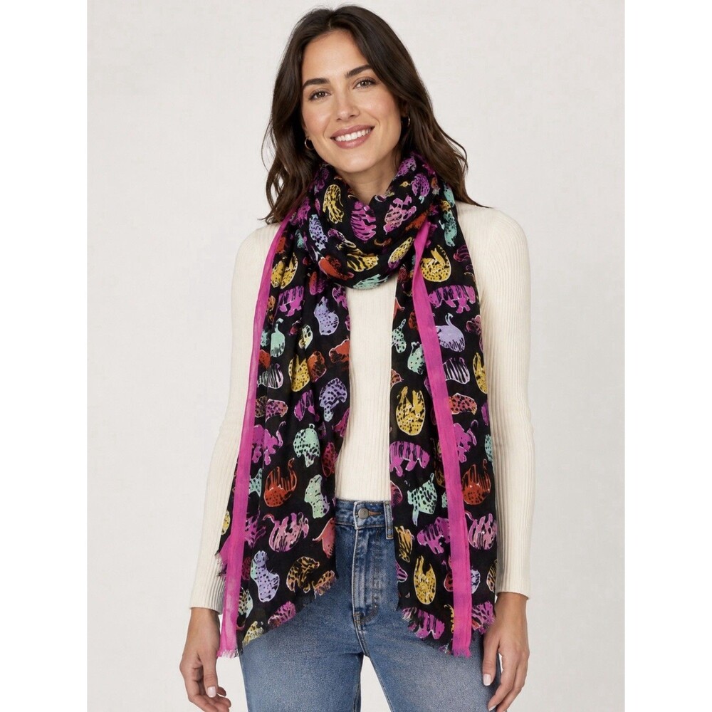 Kate Spade Fuchsia Glow Cat Print Black Oblong scarf 80" X  30"